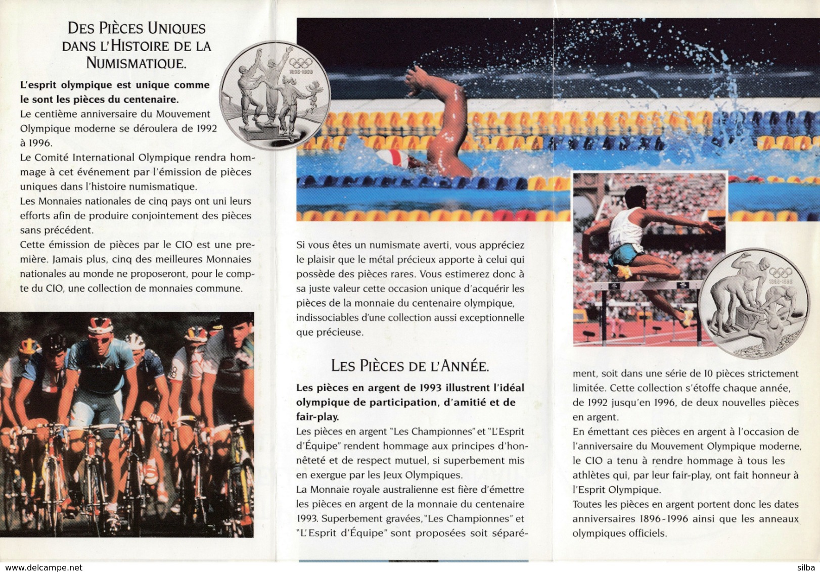 France 1993 / Olympic Games Atlanta 1996 / Silver And Gold Coins / Champions, Team Swimming / Prospectus, Brochure - Frans