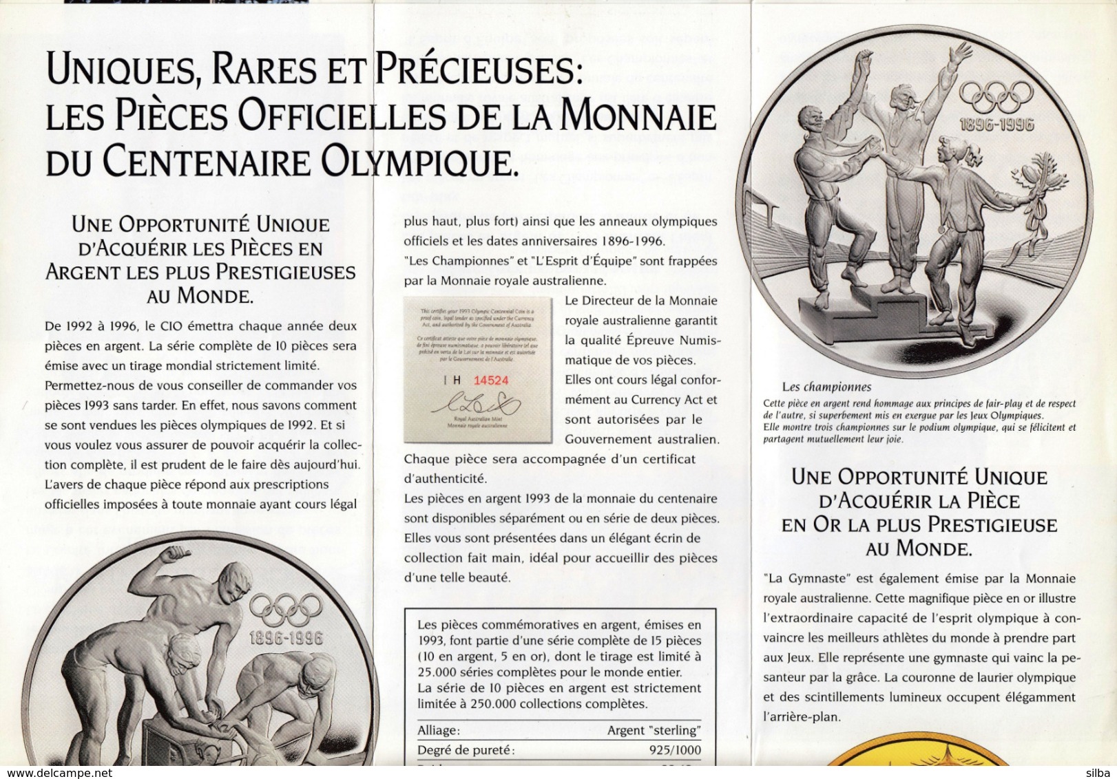 France 1993 / Olympic Games Atlanta 1996 / Silver And Gold Coins / Champions, Team Swimming / Prospectus, Brochure - Français