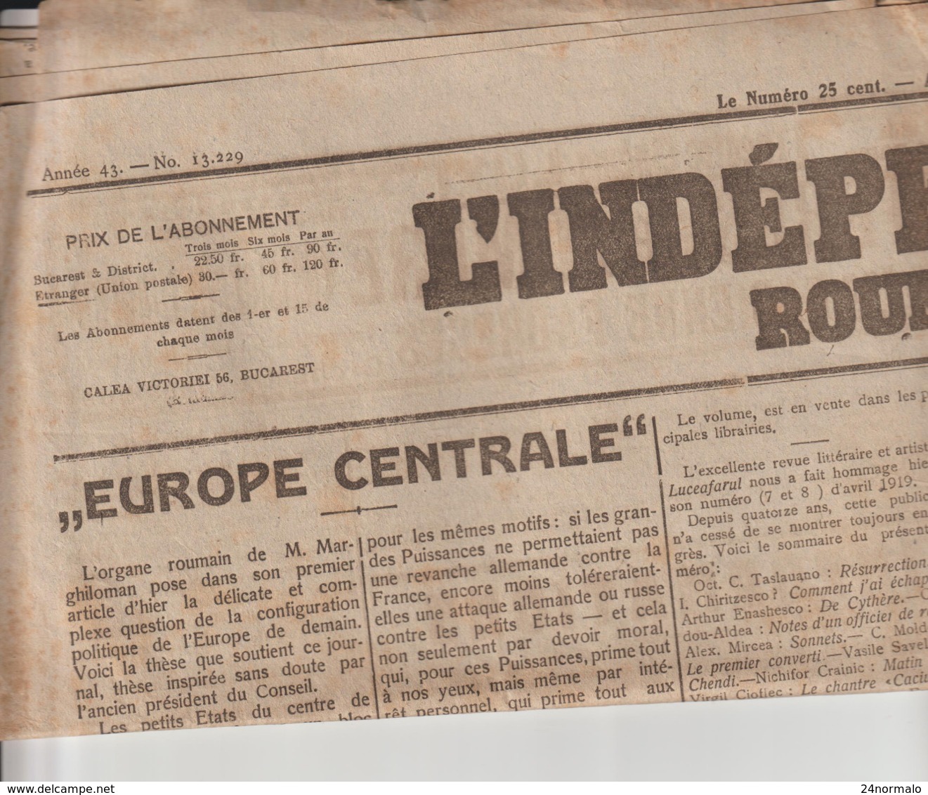 Guerre De 14-18 Journal RUSSE Janv. 1918 Et "L'INDEPENDANCE ROUMAINE" (en Français) Avril 1919 - Documents Historiques