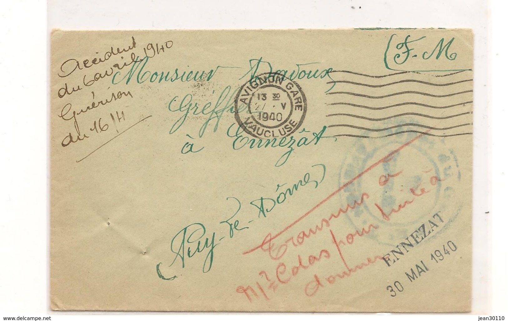 FRANCE Année 1940 ENVELOPPE EN F.M.  DE AVIGNON POUR ENNEZAT - Guerre De 1939-45