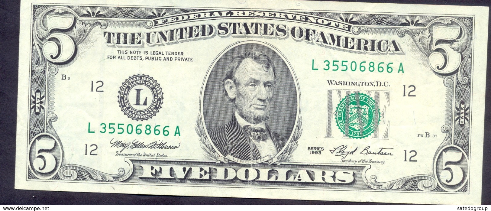 USA 5 Dollars 1993 L  - VF # P- 491 < L - San Francisco CA > - Federal Reserve Notes (1928-...)