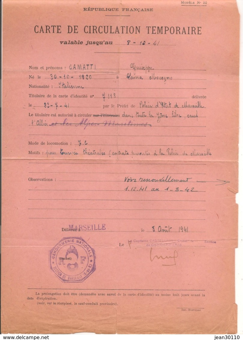 FRANCE Année 1941 AUTORISATION TEMPORAIRE DE CIRCULER GENDARMERIE DE MARSEILLE - Guerre De 1939-45