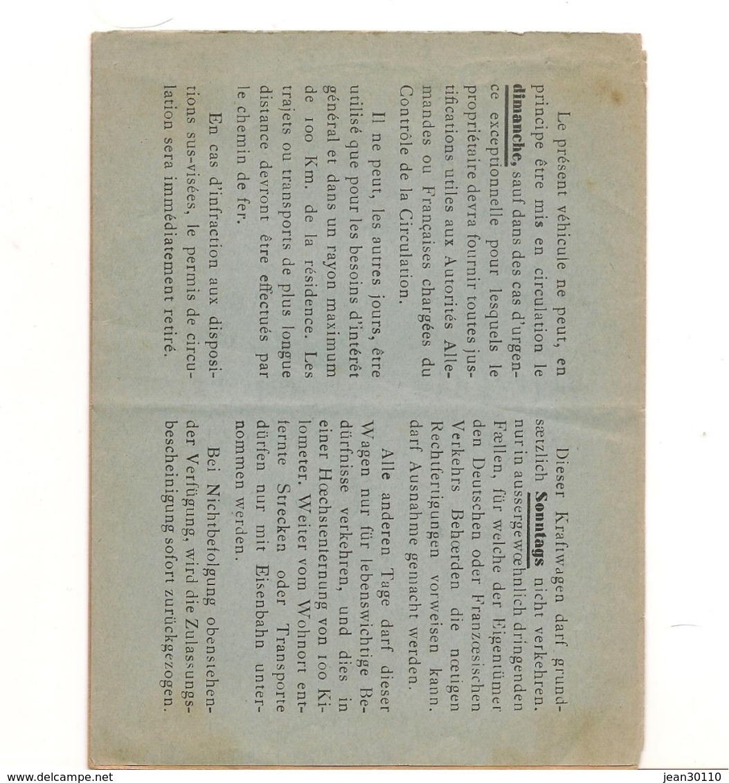 FRANCE Année 1940  AUTORISATION DE CIRCULER PRÉFECTURE DU CHER - Guerre De 1939-45