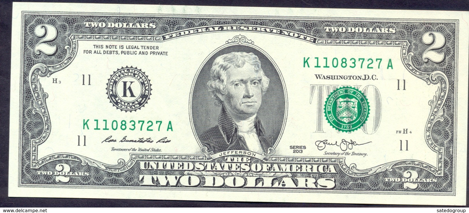 USA 2 Dollars 2013 K  - UNC # P- 538 < K - Dallas TX > - Biljetten Van De  Federal Reserve (1928-...)