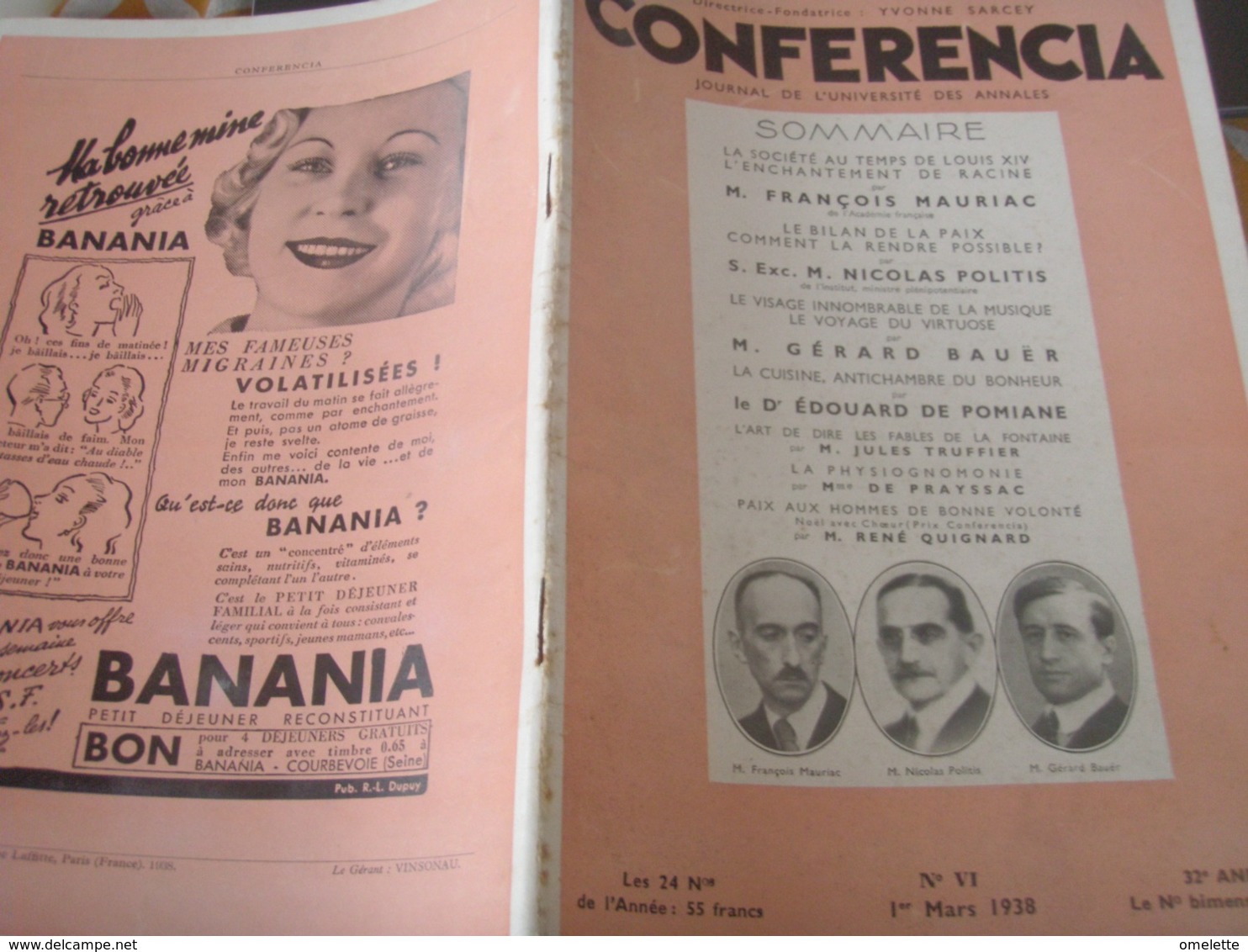 CONFERENCIA/ MAURIAC/ NICOLAS POLITIS /GEARD BAUER /EDOUARD DE POMIANE /JULES TRUFFIER / - 1900 - 1949