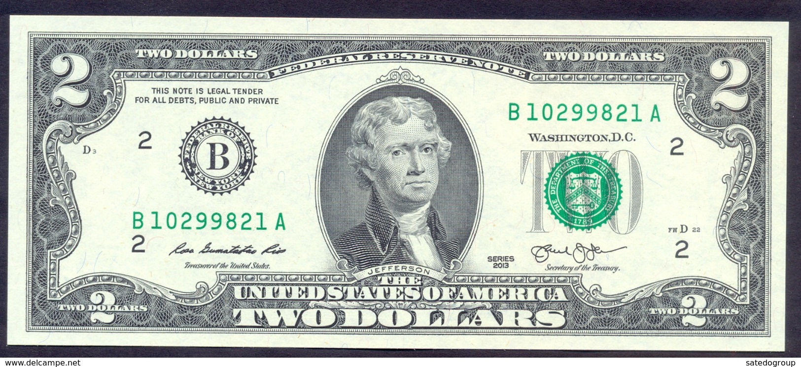 USA 2 Dollars 2013 B  - UNC # P- 538 < B - New York NY > - Biljetten Van De  Federal Reserve (1928-...)