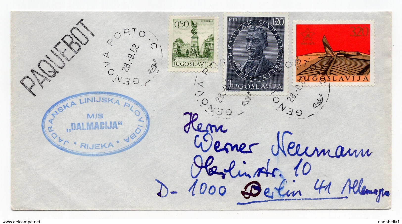 1982 YUGOSLAVIA, SHIP MAIL, MS DALMACIJA, CANCELATION IN ITALY, GENOVA PORTO - Lettres & Documents