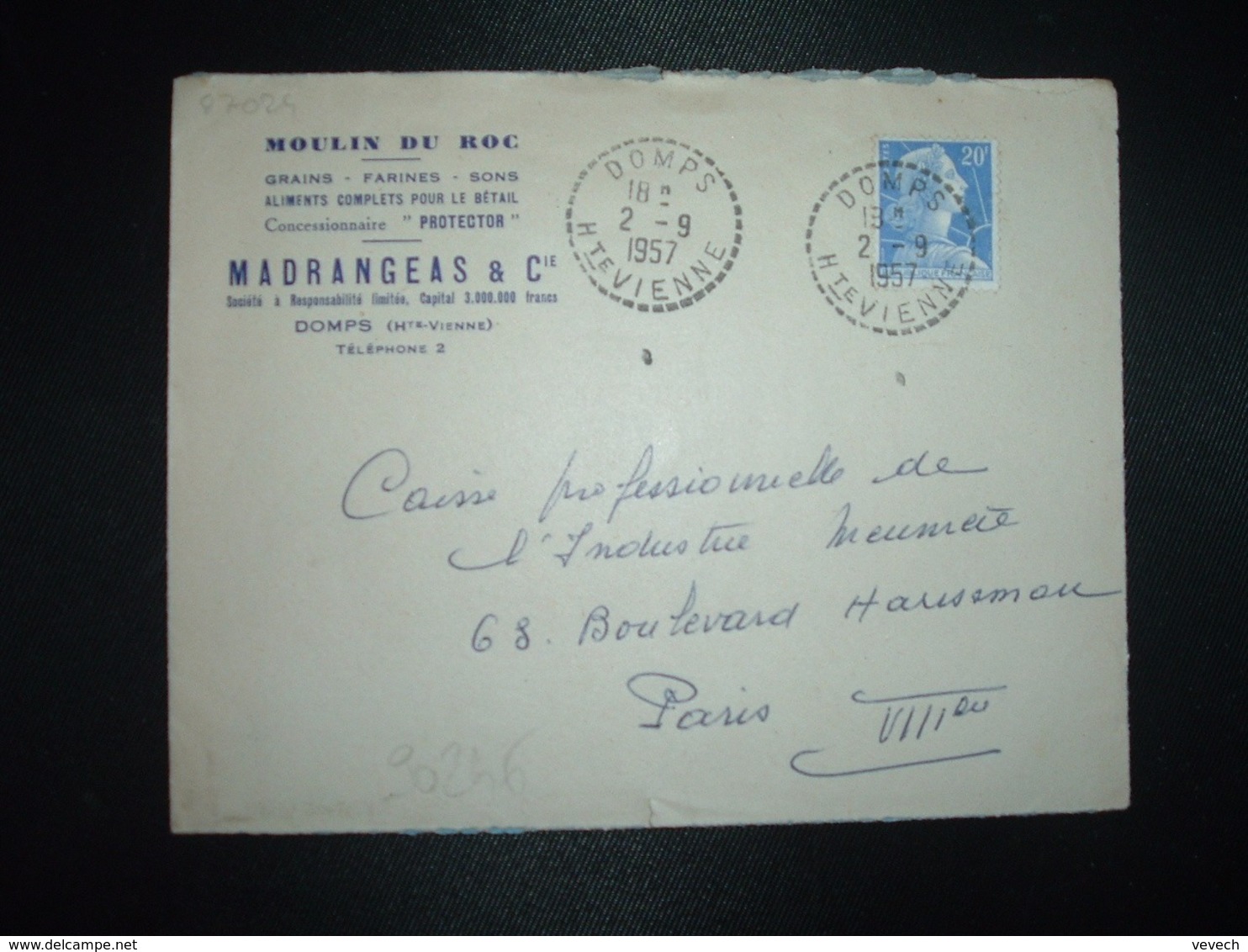 LETTRE TP MULLER 20F OBL. Tiretée 2-9 1957 DOMPS HTE VIENNE (87) MOULIN DU ROC MADRANGEAS & Cie - Cachets Manuels