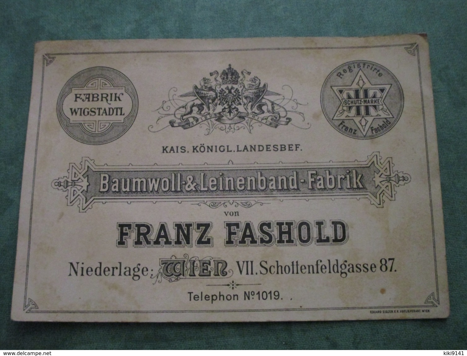 Baumwoll & Leinenband-Fabrik - FRANZ FASHOLD - WIEN VII. Schoffenfeldgasse 87 - Autres & Non Classés