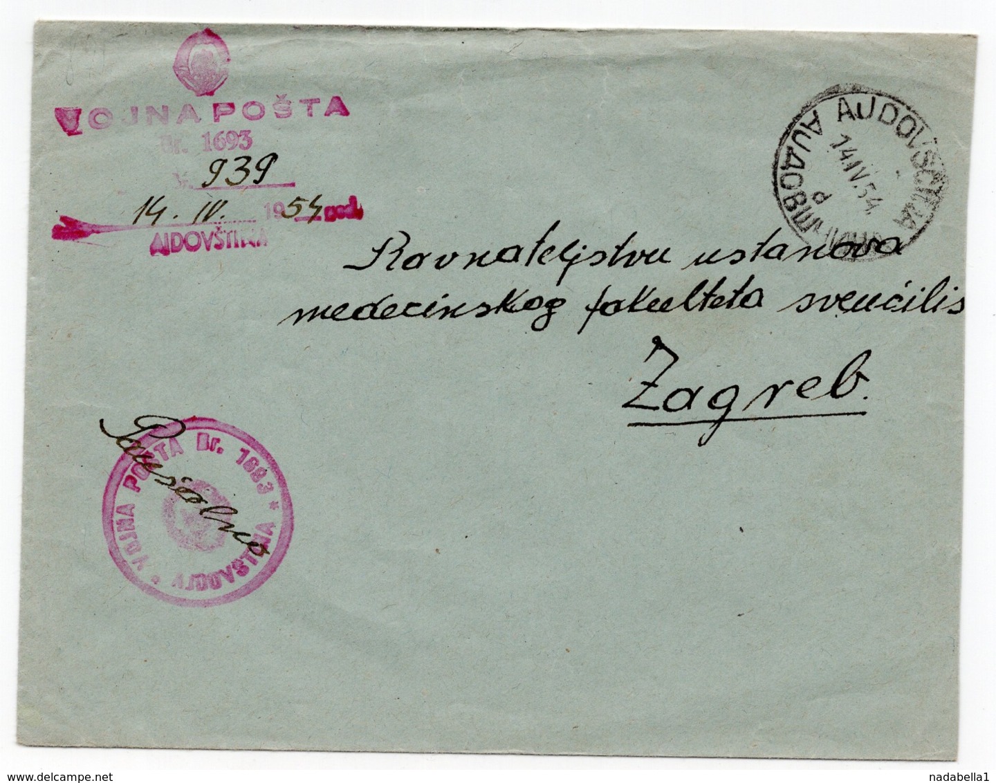 1954 YUGOSLAVIA, SLOVENIA, AJDOVSCINA TO ZAGREB, ARMY MAIL - Covers & Documents