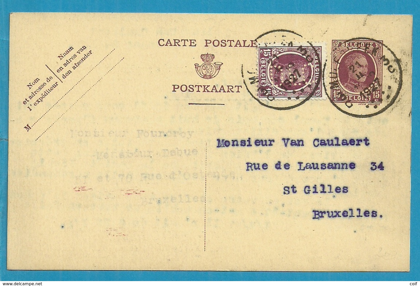 195 Op Entier Stempel MOLENBEEK Met Firmaperforatie (perfin) "DFC" Van DELHAIZE FRERES & Cie "Le LION" - 1909-34