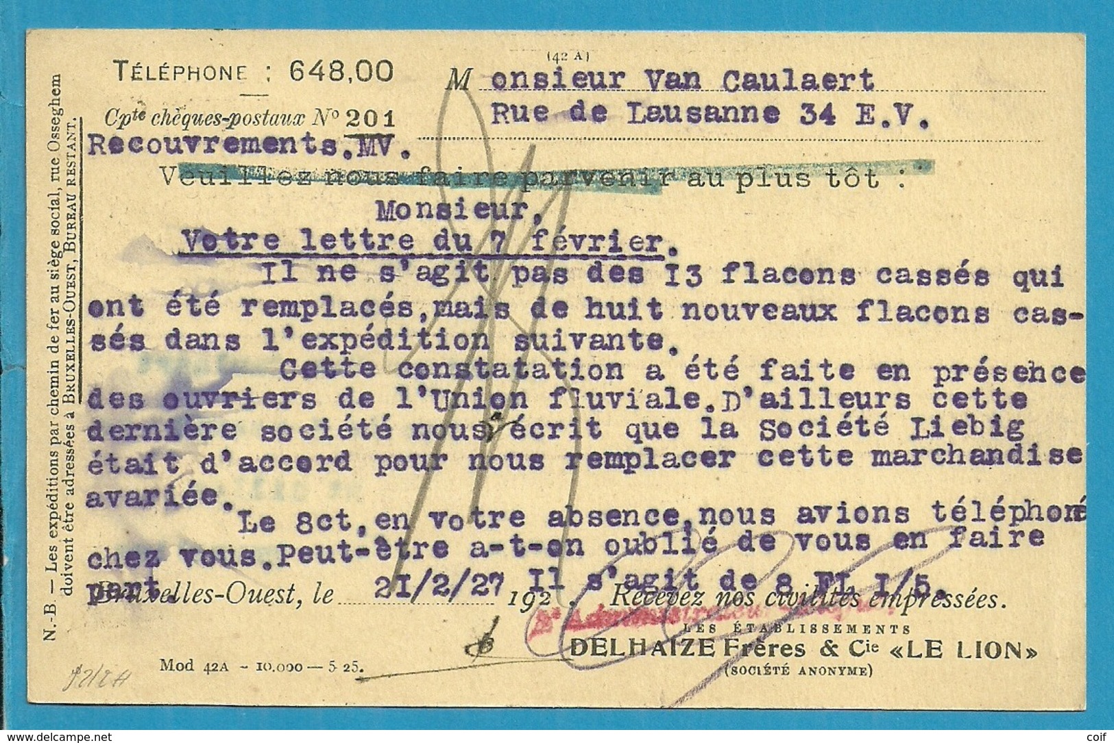 195 Op Entier Stempel MOLENBEEK Met Firmaperforatie (perfin) "DFC" Van DELHAIZE FRERES & Cie "Le LION" - 1909-34