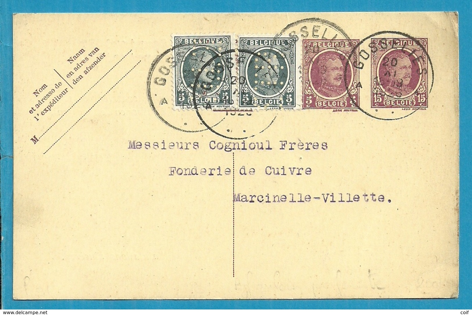 193 Op Entier Stempel GOSSELIES Met Firmaperforatie (perfin) "ETR" Van EMAILLERIES & TOLERIES REUNIES - 1909-34