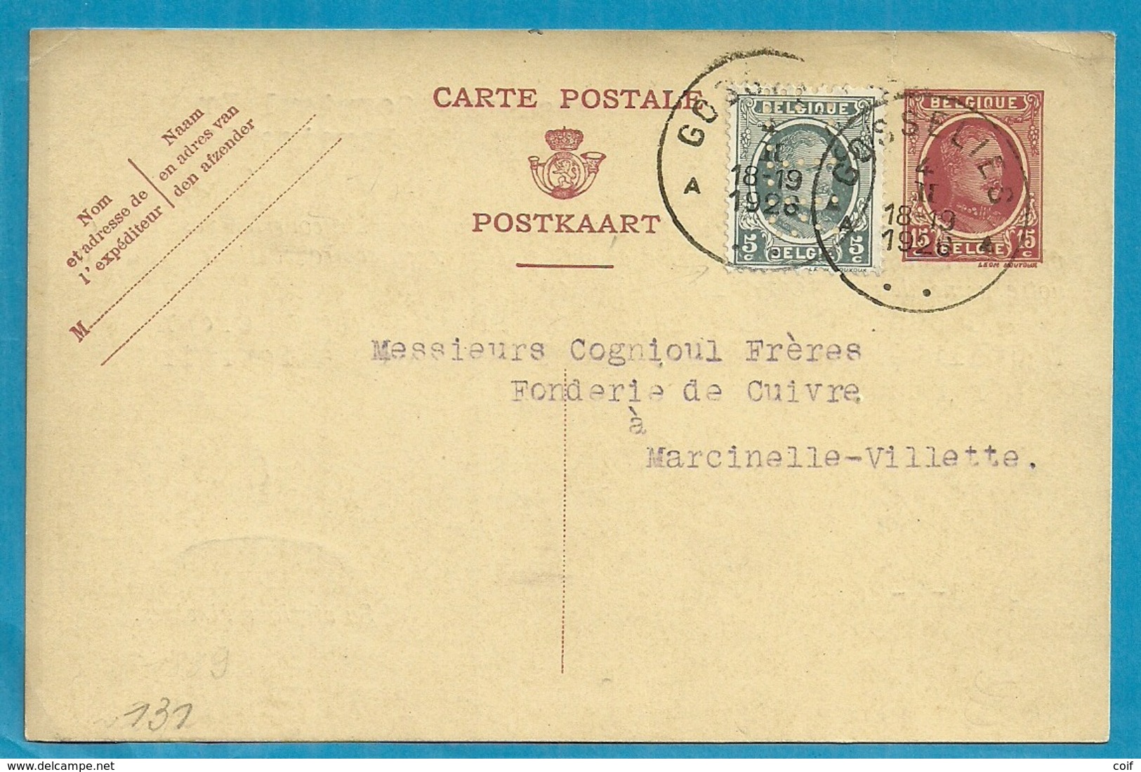 193 Op Entier Stempel GOSSELIES Met Firmaperforatie (perfin) "ETR" Van EMAILLERIES & TOLERIES REUNIES - 1909-34