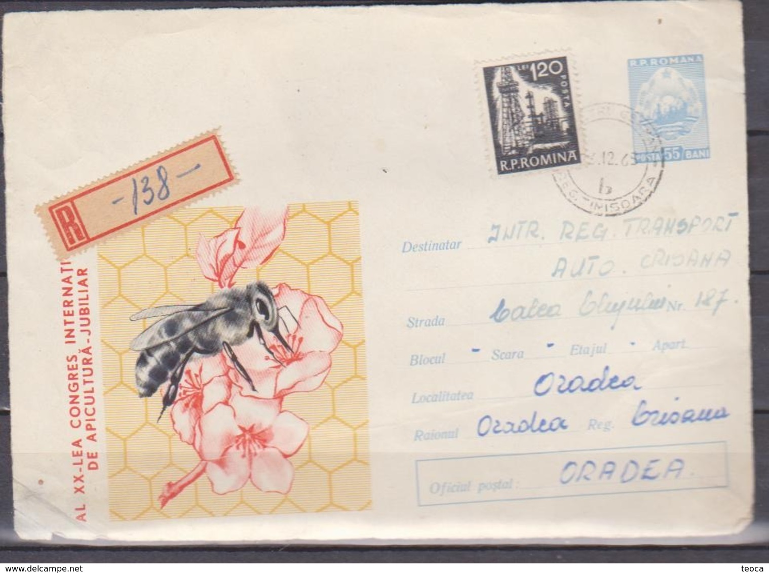 BEES, HONEYBEES   REGISTERED  FRAGMENT COVER ROMANIA 1963, WITH CANCELLATION PETRU-GERMAN, TIMISOARA , RARITY - Abeilles