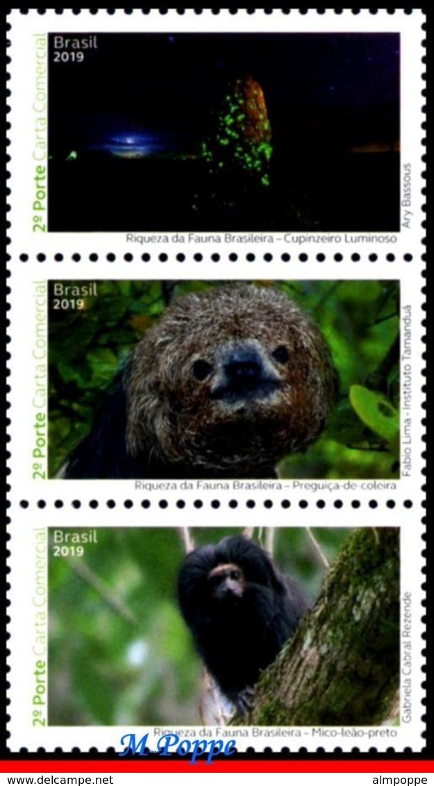 Ref. BR-V2019-22 BRAZIL 2019 ANIMALS, FAUNA, BRAZILIAN FAUNAL RICHNESS, , INSECTS, MONKEY, MANED SLOTH, MNH 3V - Nuovi