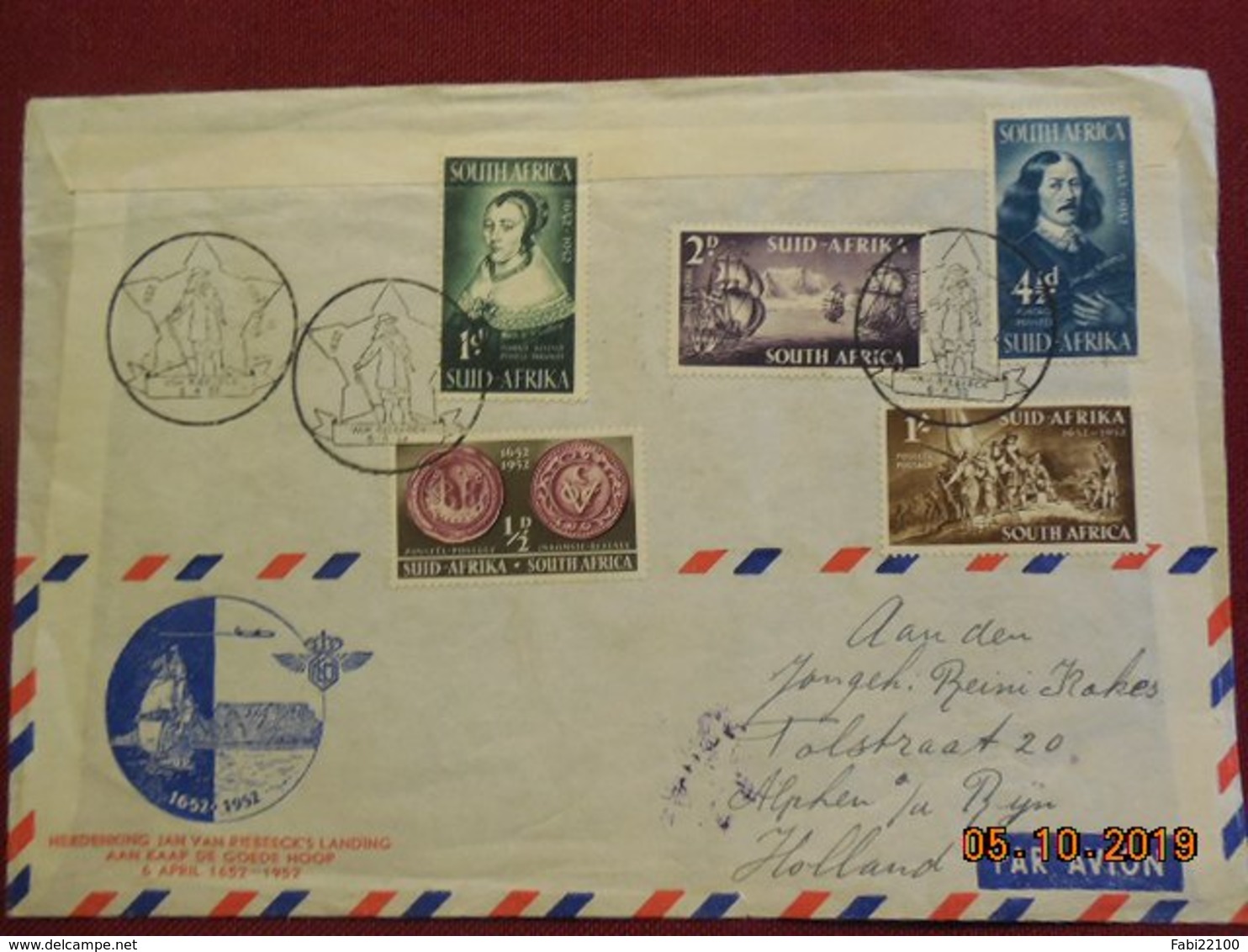 Lettre En Poste Aerienne De Alphen A/d Ryn à Destination Du Cap De 1952 - Airmail