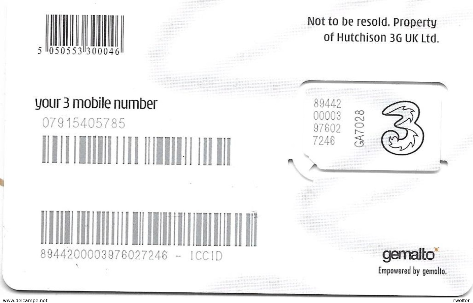 @+ Carte GSM - SIM : UK - 3 - Hutchison - Autres & Non Classés