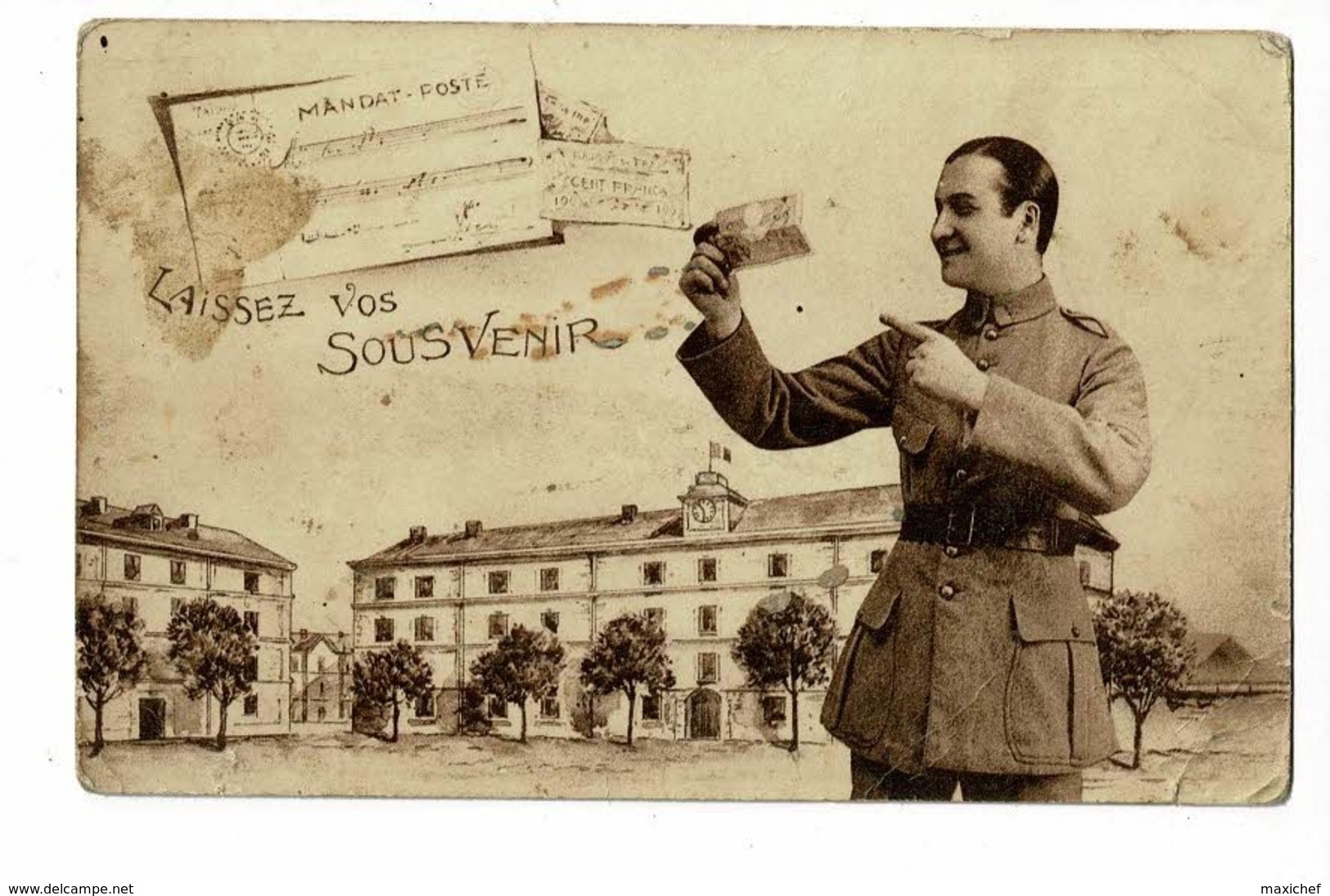 Carte Montage Fantaisie "Laissez Vos Sous" Venir" Militaire Tenant Un Billet - Mandat-Poste, Billet 100F, Caserne - 1940 - Guerra 1939-45