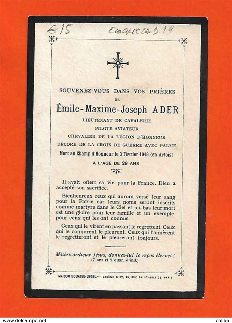 Ww1 Carte Décès Aviateur Emile-Maxim-Joseph Ader Pilote Lieutenant De Cavalerie 1916 De 29 Ans Imp Fouasse-Lebel Paris - Luchtvaart