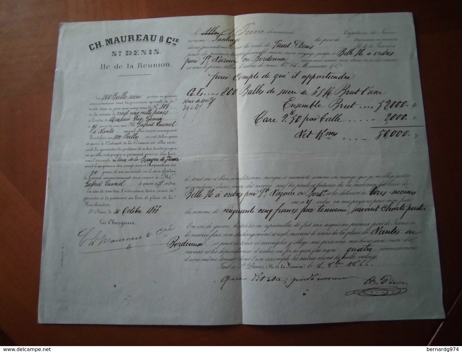 Réunion : Connaissement De 1866 Portant Sur Le Transport De 800 Balles De Sucre De Saint-Denis Vers La France. - Documenti Storici