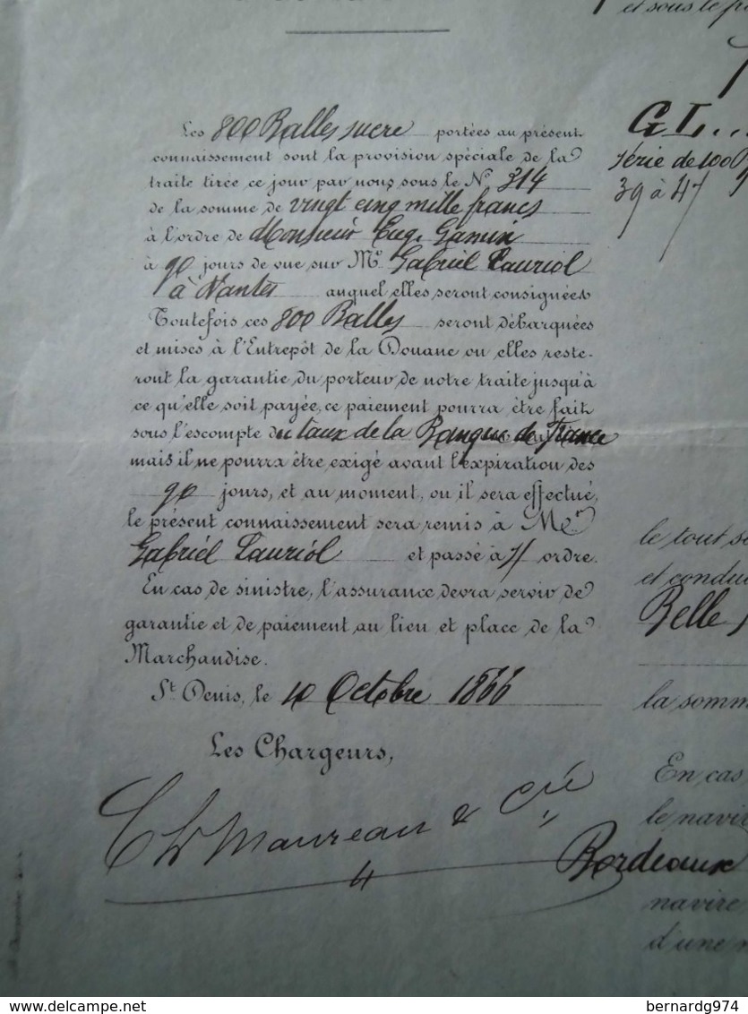 Réunion : Connaissement De 1866 Portant Sur Le Transport De 800 Balles De Sucre De Saint-Denis Vers La France. - Documenti Storici