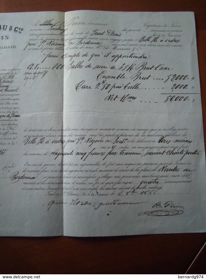 Réunion : Connaissement De 1866 Portant Sur Le Transport De 800 Balles De Sucre De Saint-Denis Vers La France. - Documents Historiques