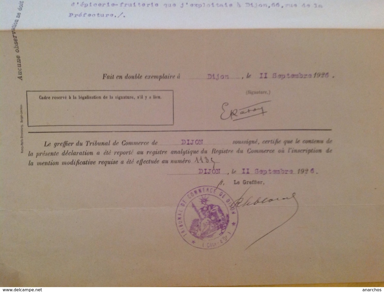 Cachet Tribunal De Commerce De Dijon 1926 - Autres & Non Classés