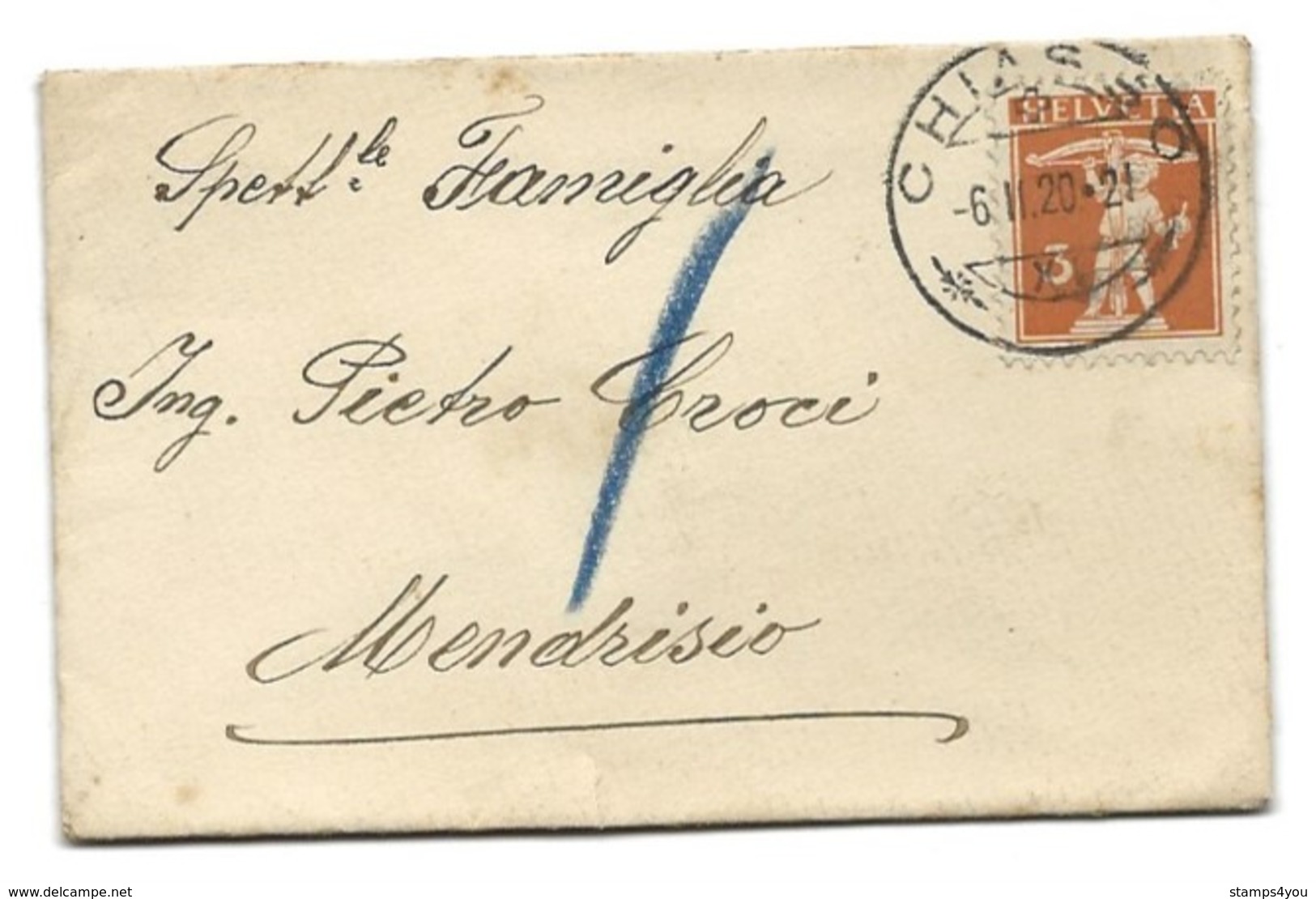 116 - 89 - Petite Lettre Avec Superbe Cachet à Date De Chiasso 1920 - Storia Postale