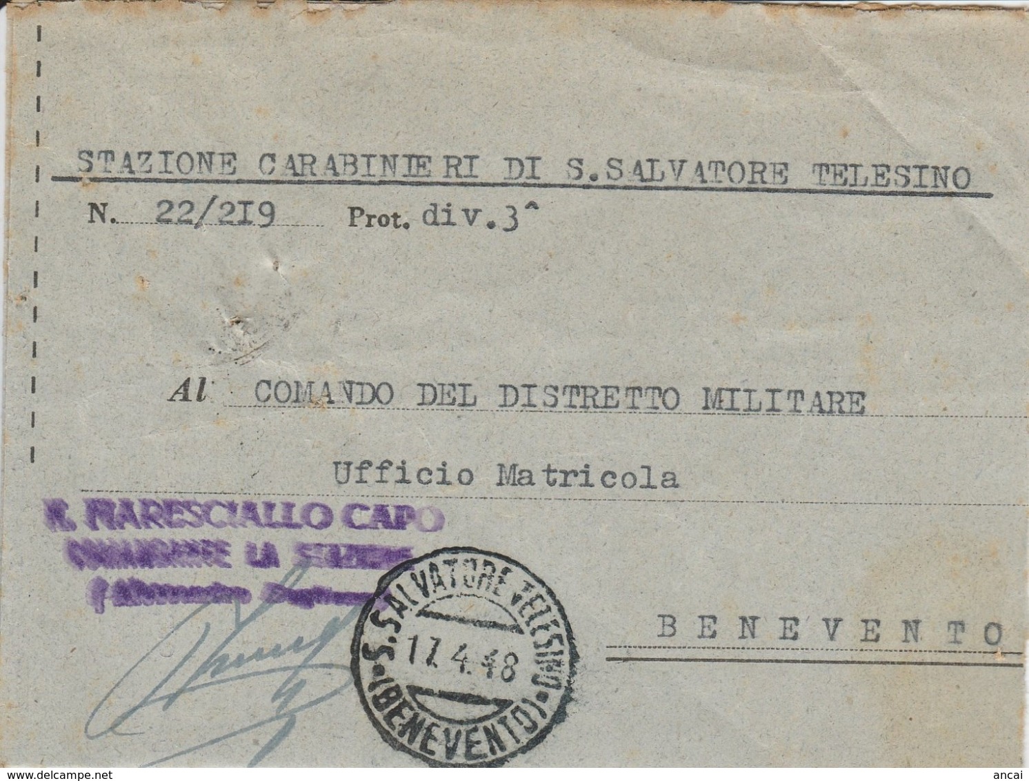 S. Salvatore Telesino. 1948. Annullo Guller Su Dispaccio Della Stazione Carabinieri Di S. Salvatore Telesino - Documenti