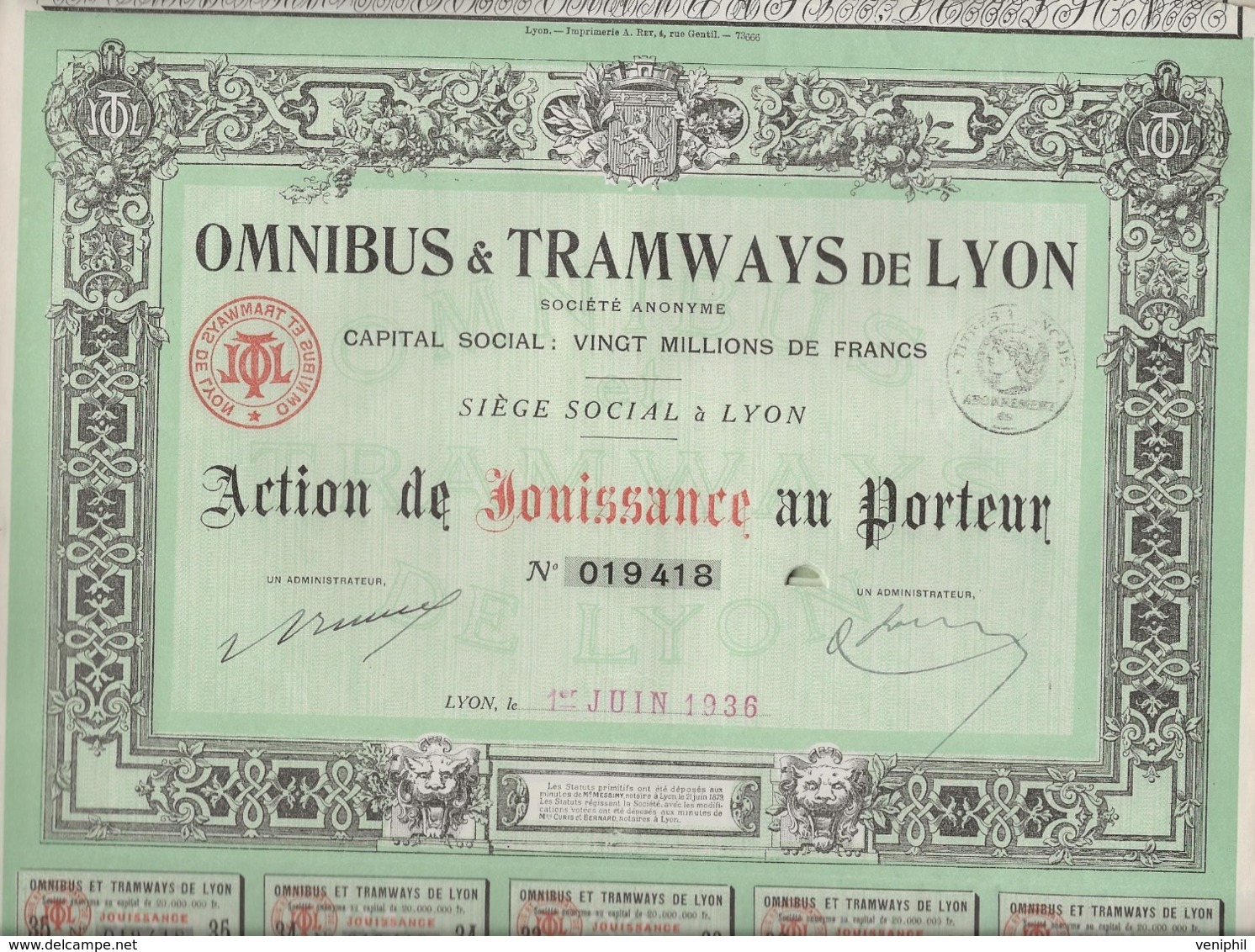 OMNIBUS ET TRAMWAYS DE LYON -  ACTION DE JOUISSANCE -ANNEE 1937 - Chemin De Fer & Tramway