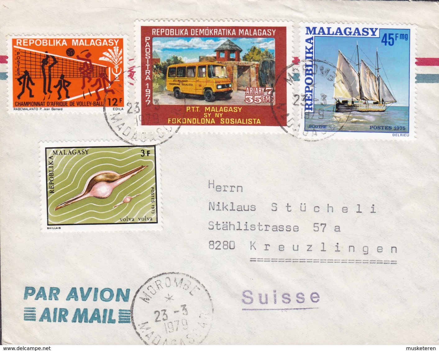 Madagascar FIANGONANA Katolika MOROBE 1979 Cover Lettre KREUZLINGEN Shell Meeresschnecke Ship Volleyball Motorized P.O. - Madagaskar (1960-...)