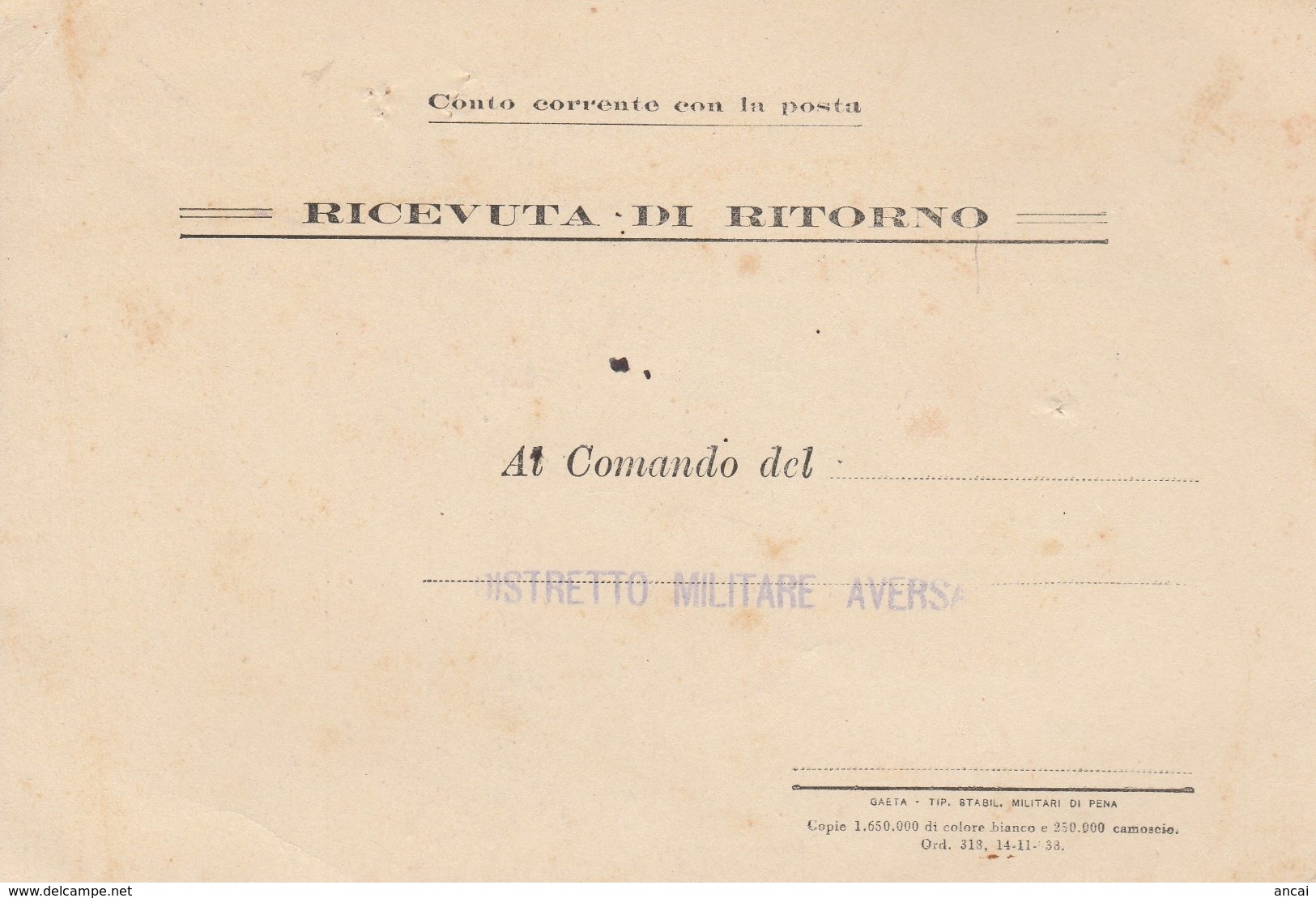 Succivo. 1941. Annullo Guller SUCCIVO *NAPOLI* , Su Ricevuta Dell'ordine Di Presentazione Alle Armi - Documenti