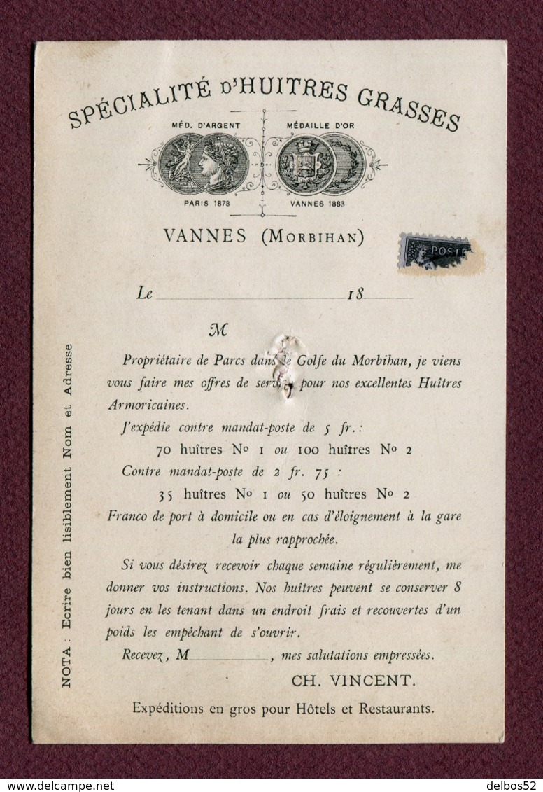 VANNES  (56) : " HUÎTRES GRASSES - CH. VINCENT " - Visiting Cards