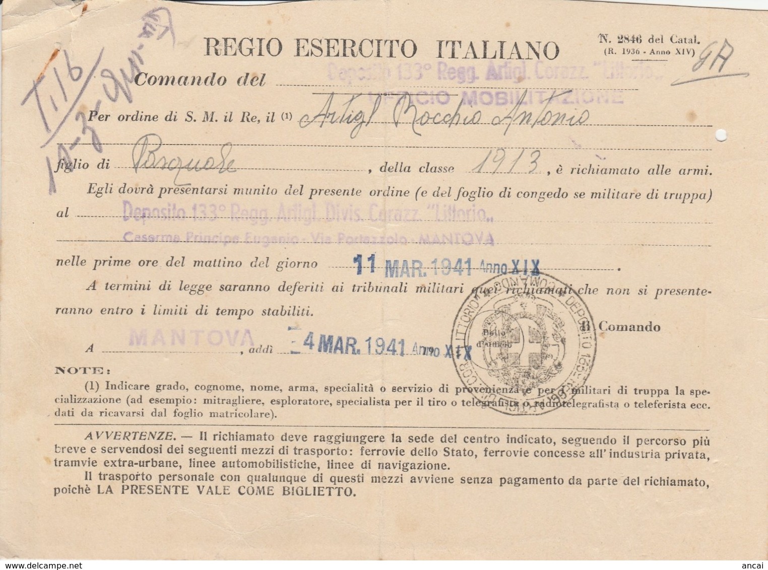 Mantova. 1941. Comando DEPOSITO 133° REGG. ARTIGL. CORAZZ. LITTORIO. CHIAMATA ALLE ARMI. - Dokumente