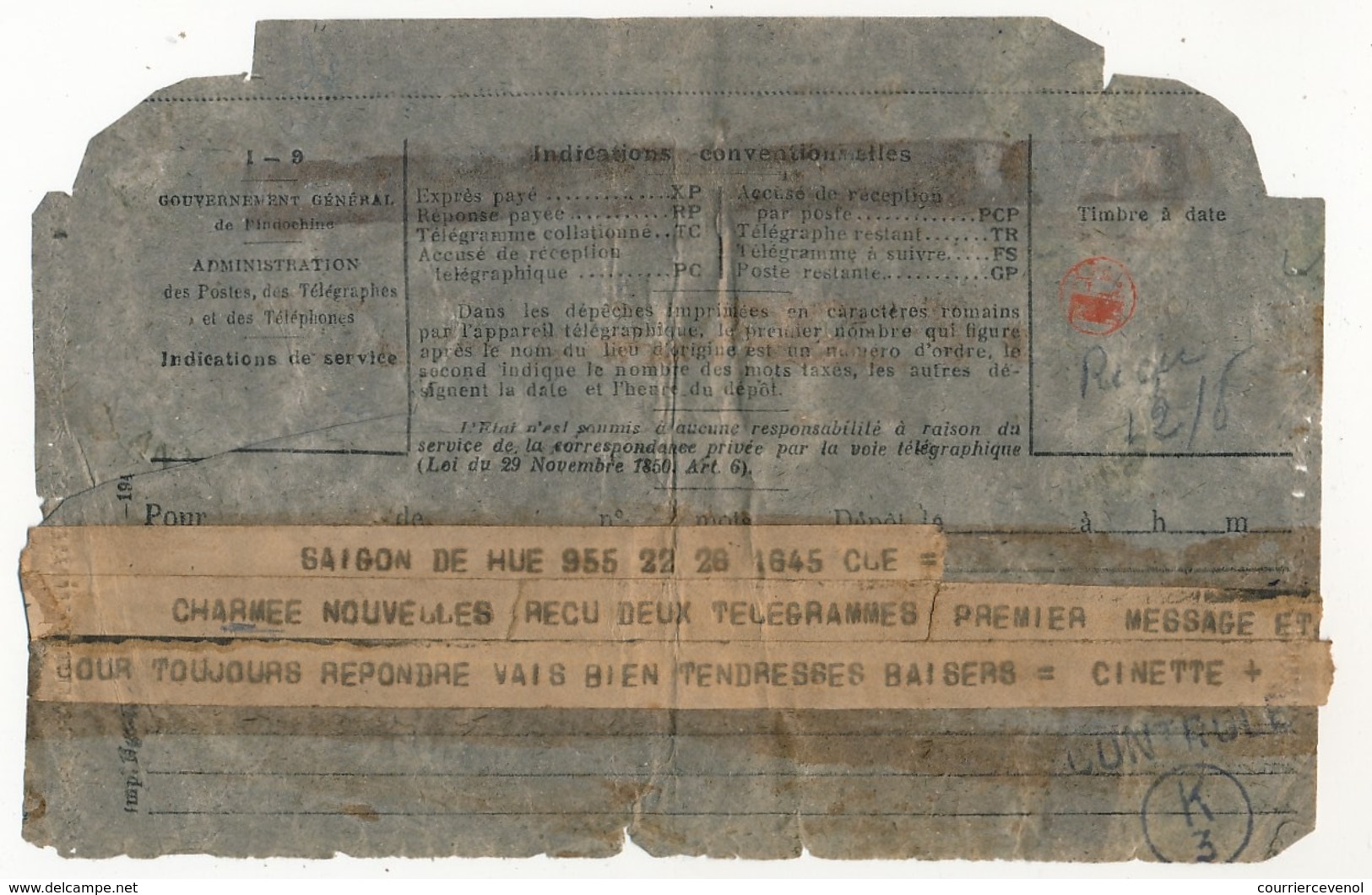 INDOCHINE - Télégramme I-9 Gouvernement Général De L'Indochine 1945 - Saigon Hué - Soldat Prisonnier Des Japonais - Lettres & Documents