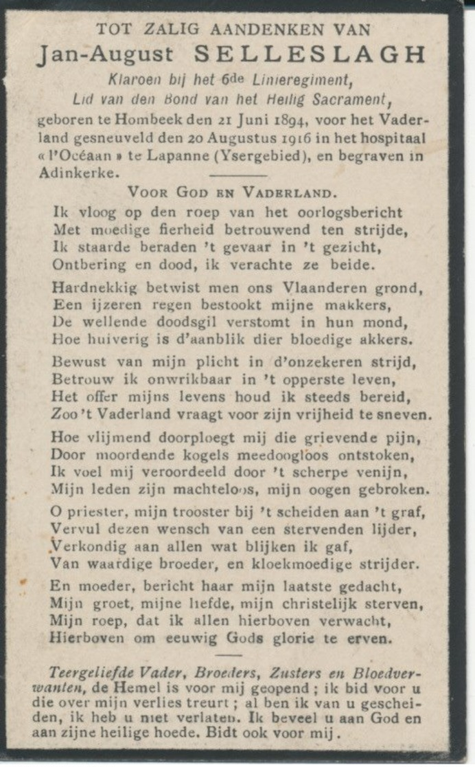 DP Oorlog - WOI - 14-18 - Jan August SELLESLAGH - Klaroen 6e Linie ° Hombeek 1894 - Gesneuveld 20/8/1916 Lapanne - Religion & Esotericism