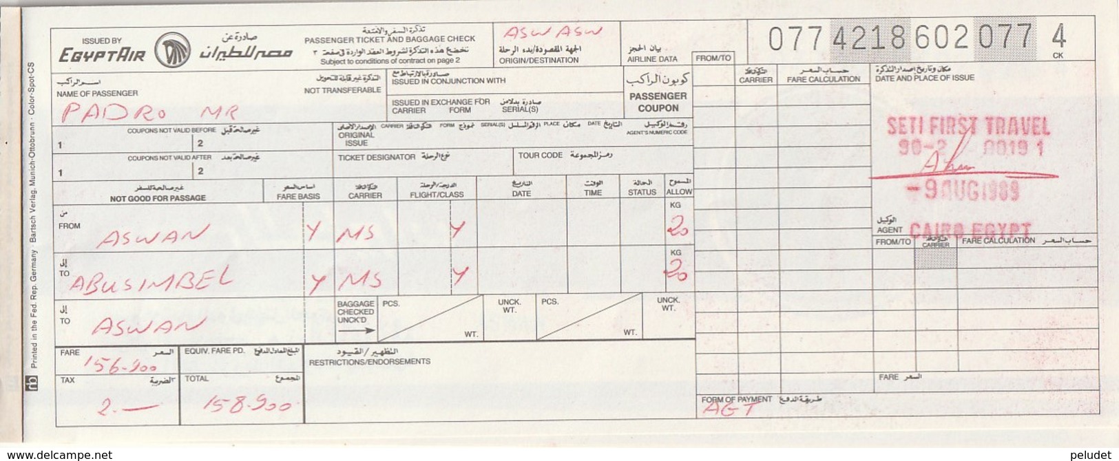 PASSENGER TICKET - BILLETE DE PASAJE / EGYPTAIR - 1989 - Europe