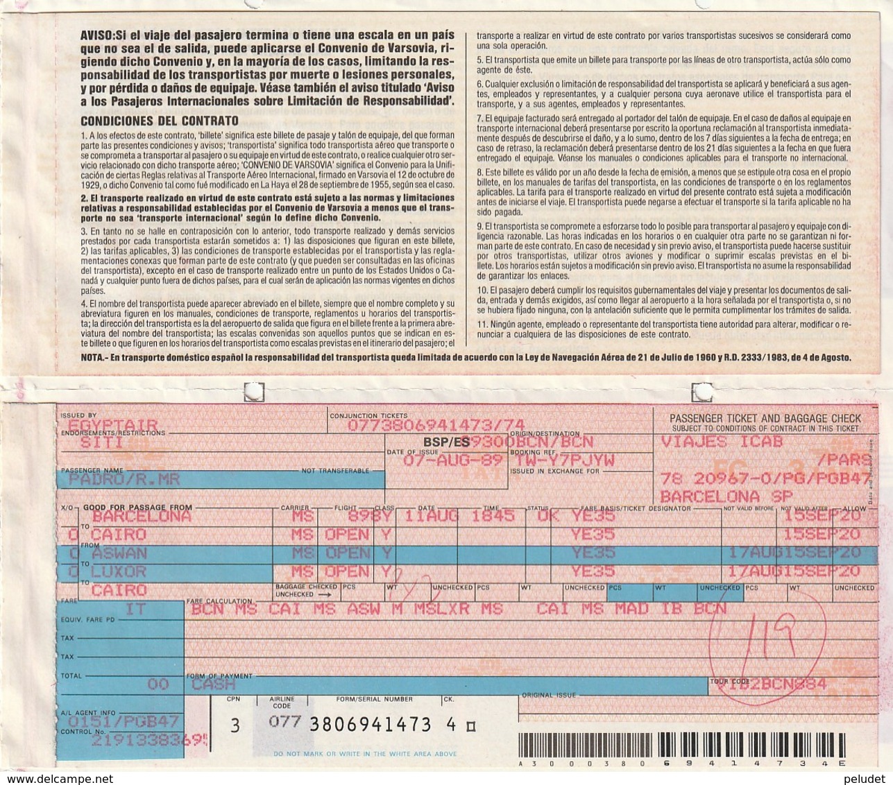 PASSENGER TICKET - BILLETE DE PASAJE / IATA - 1989 - BARCELONA CAIRO ASWAN LUXOR CAIRO - Europa