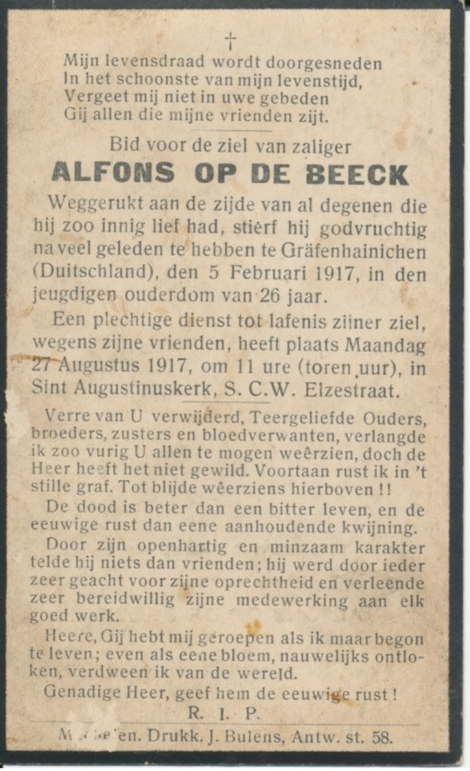 DP Oorlog - WOI - 14-18 - Alfons OP DE BEECK + Gräfenhainichen (D) Mis Elzestraat Sint-Katelijne-Waver 27/8/1917 - Religion & Esotericism