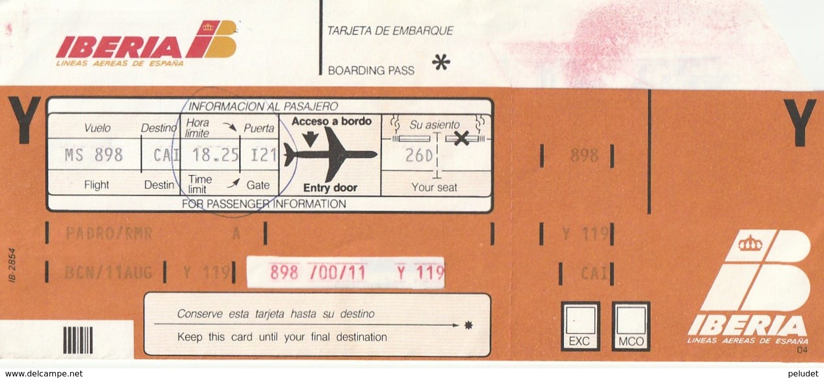 PASSENGER TICKET - BILLETE DE PASAJE / IBERIA 1989 BARCELONA CAIRO - Boarding Pass - Mundo