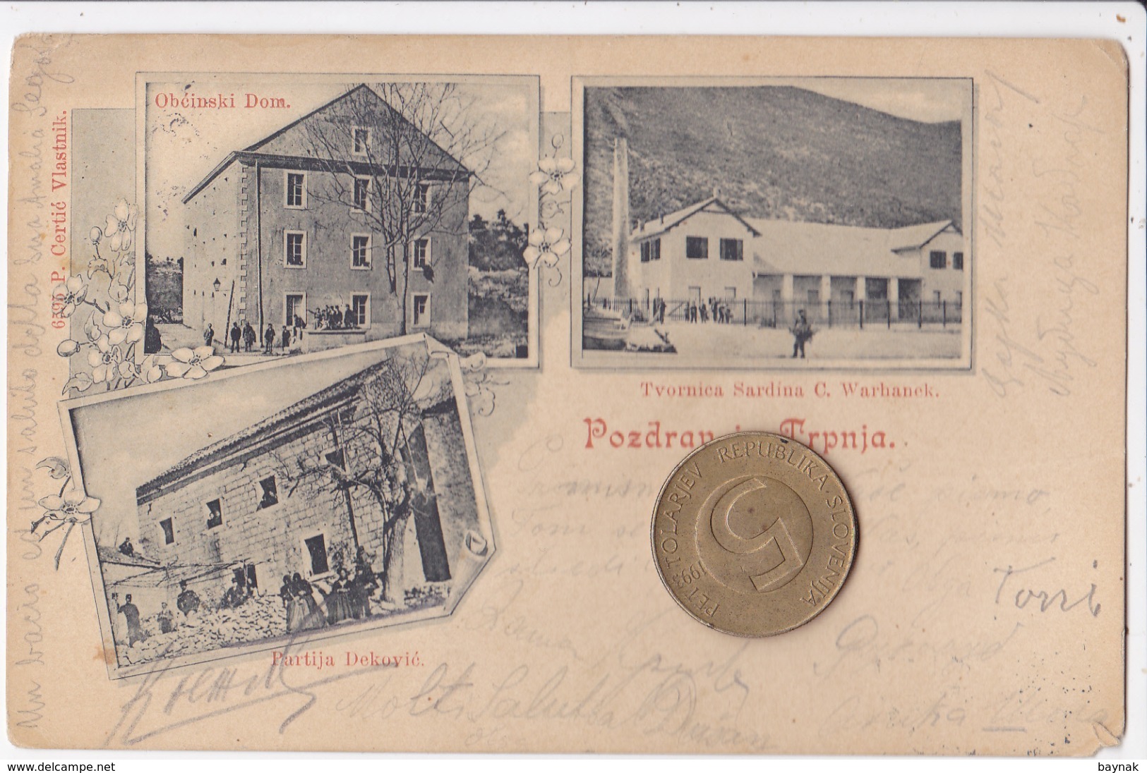 C423   --   POZDRAV IZ TRPANJ  -- 1903  --  TVORNICA SARDINA C. WARHANEK, BIRTIJA DEKOVIC, OBCINSKI DOM, SARDINEN FABRIK - Croatia