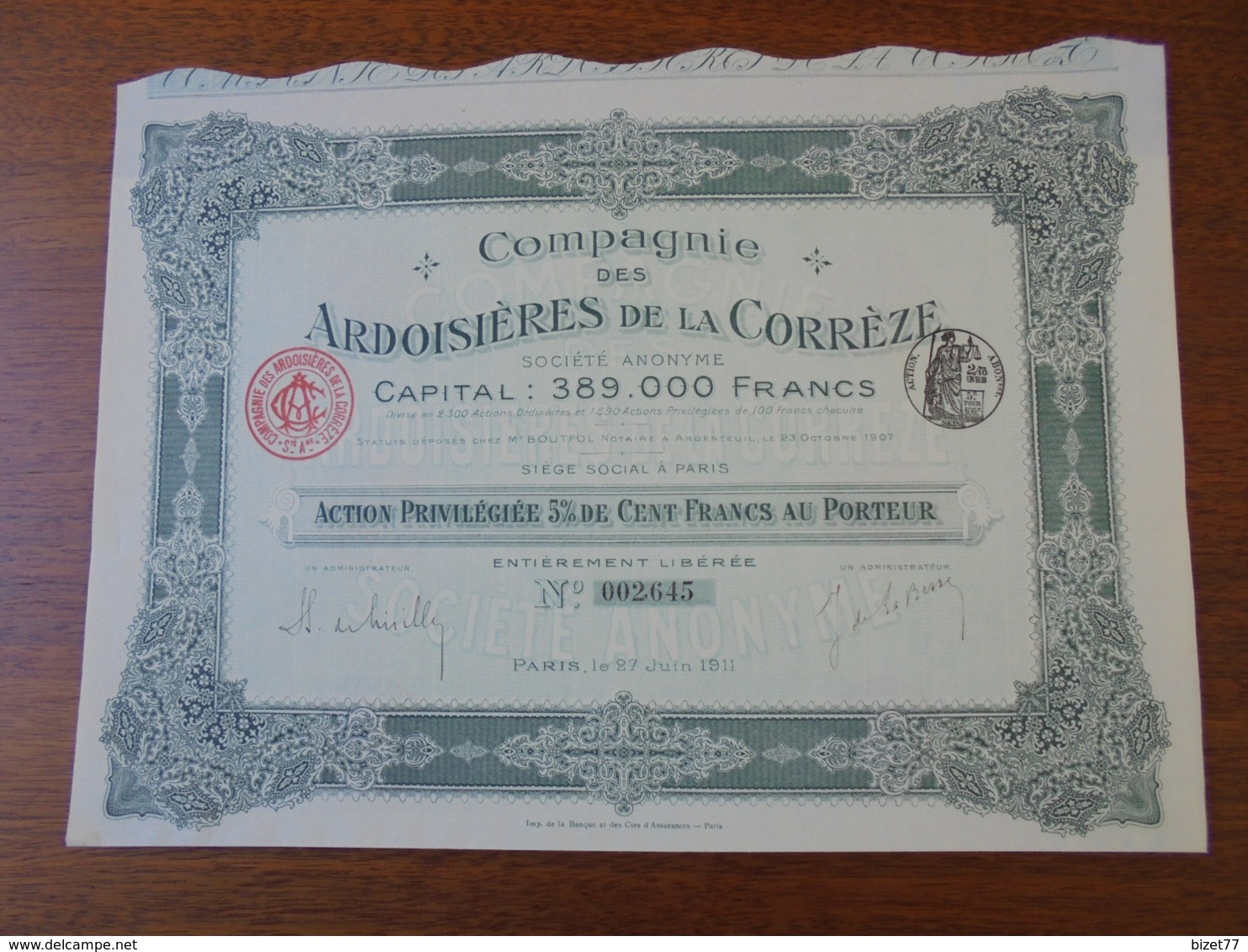 FRANCE - ARDOISIERES DE LA CORREZE, PARIS 1911 - LOT DE 2 TITRES DIFFERENTS - VOIS SCAN - Autres & Non Classés