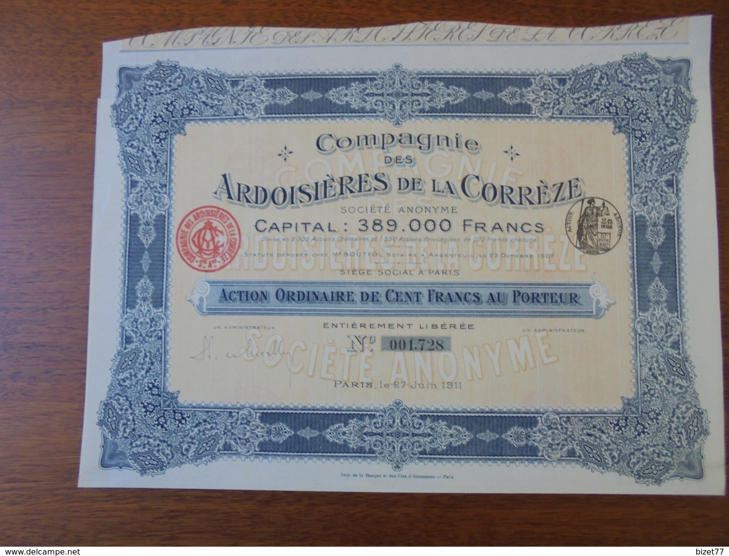 FRANCE - ARDOISIERES DE LA CORREZE, PARIS 1911 - LOT DE 2 TITRES DIFFERENTS - VOIS SCAN - Otros & Sin Clasificación