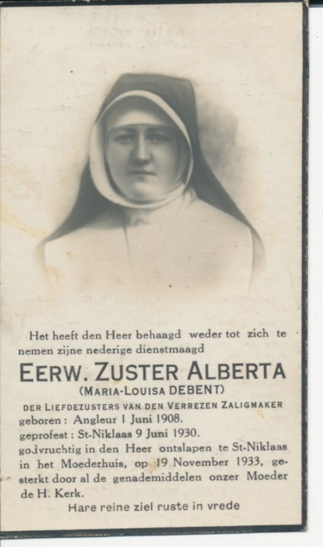 Doodsprentje Zuster Alberta (Marie-Louise DEBENT) ° Angleur 1908 + Sint-Niklaas 1933 - Religion & Esotérisme