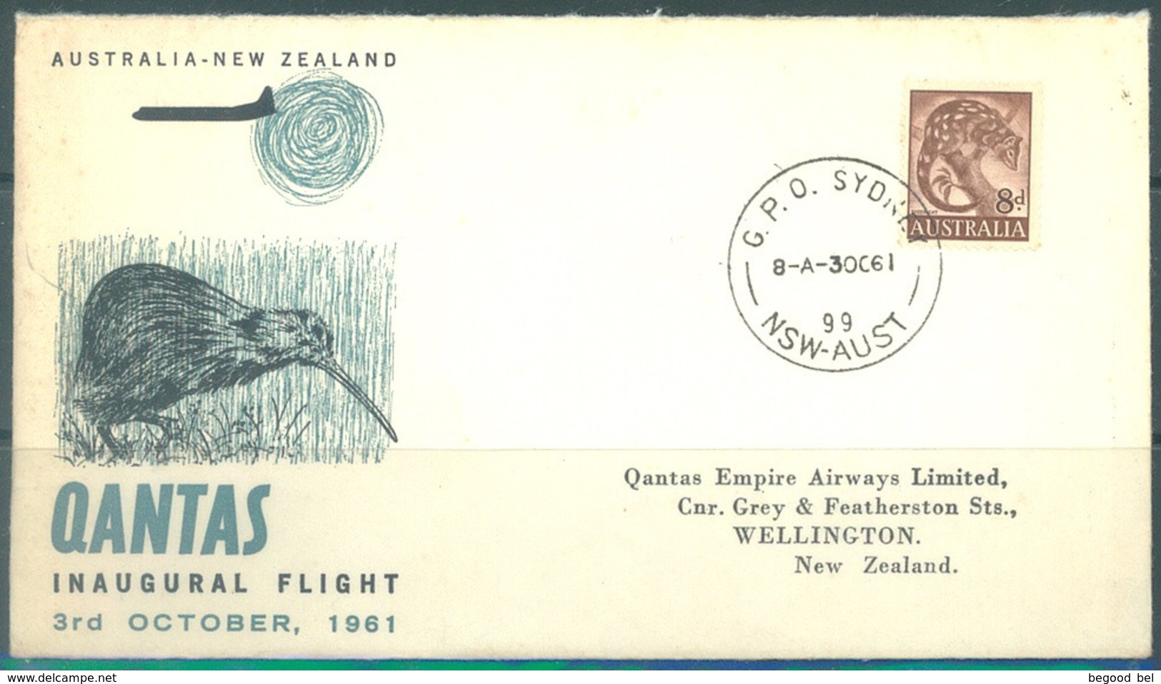 AUSTRALIA  - 3.10.1961 - QANTAS - INAUGURATION FLIGHT NEW ZEALAND -  Lot 20291 - Primeros Vuelos