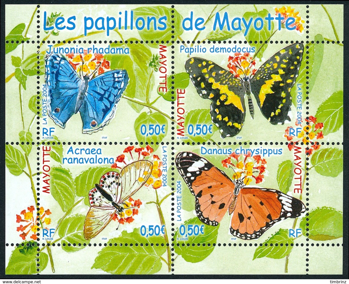 MAYOTTE 2004 - Yv. 154 à 157 **   Faciale= 2,00 EUR - Feuillet Papillons (4 Val.)  ..Réf.AFA23339 - Neufs