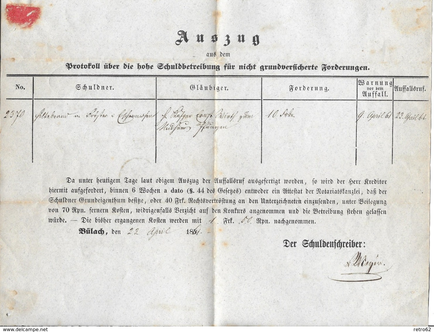 1854-1862 Helvetia (Ungezähnt) → Schuldbetreibung BÜLACH   ►SBK-25B4.V / Dunkelgelblichorange◄ - Lettres & Documents