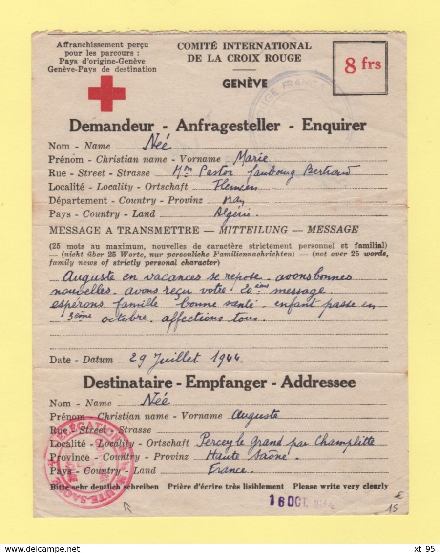 Formule Croix Rouge - Percey Le Grand Haute Saone - Tlemcen Algerie - 1944 - Delegation De La Haute Saone - Guerra De 1939-45