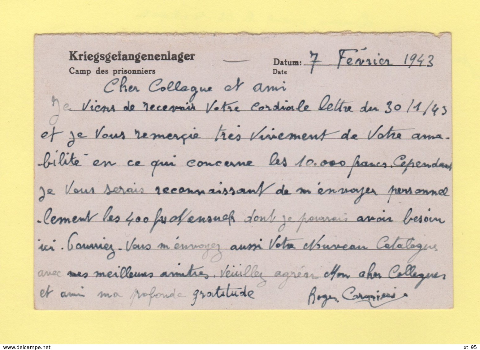 Correspondance De Prisonniers De Guerre - Front-stalag 141 De Vesoul Haute Saone - 7-2-1943 - Guerre De 1939-45